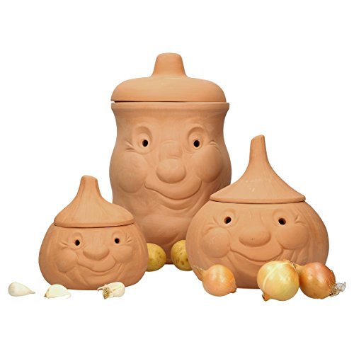 MamboCat Terracotta Tontöpfe Vorratsdosen-Set Kartoffel Zwiebel Knoblauch Töpfe Set mit Deckel I Aufbewahrung Zwiebeln Kartoffeln Knoblauch-Behälter I Kartoffeltopf Zwiebeltopf Knoblauchtopf Set